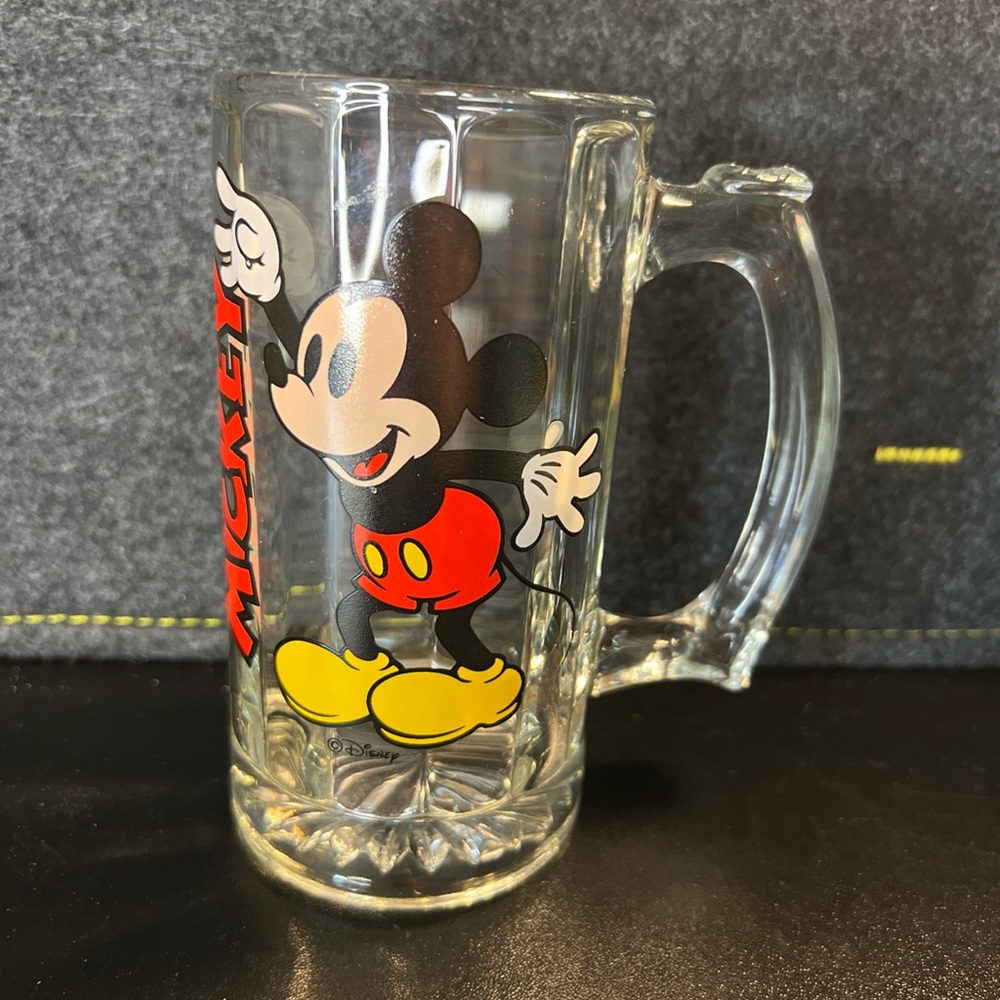 VTG 70s‎ Walt Disney Prod. Mickey Mouse Heavy Clear Glass Mug Cup Stein w Handle